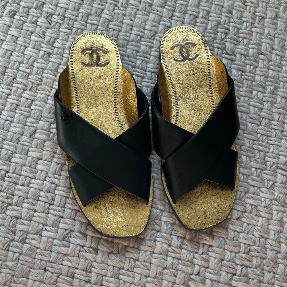 Chanel Lambskin CC Cross Strap Mule Sandals - sz 40